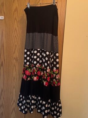Black Maxi Skirt with Polka Dots and Floral Panels (authentic flamenco skirt)